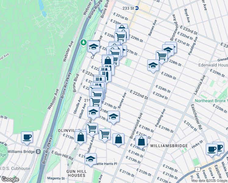 map of restaurants, bars, coffee shops, grocery stores, and more near 762 East 221st Street in The Bronx