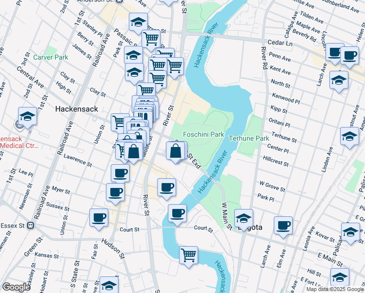 map of restaurants, bars, coffee shops, grocery stores, and more near 68 Salem Saint Exd in Hackensack