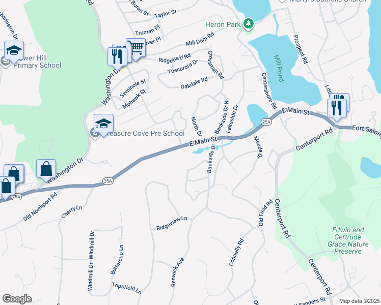 map of restaurants, bars, coffee shops, grocery stores, and more near 8 Forest Drive in Centerport