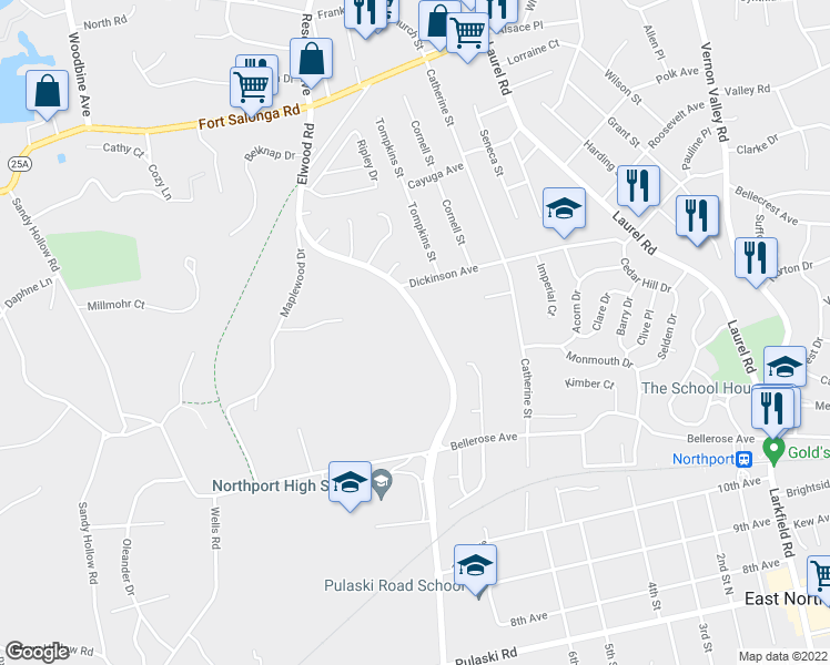 map of restaurants, bars, coffee shops, grocery stores, and more near 78 Elwood Road in Northport