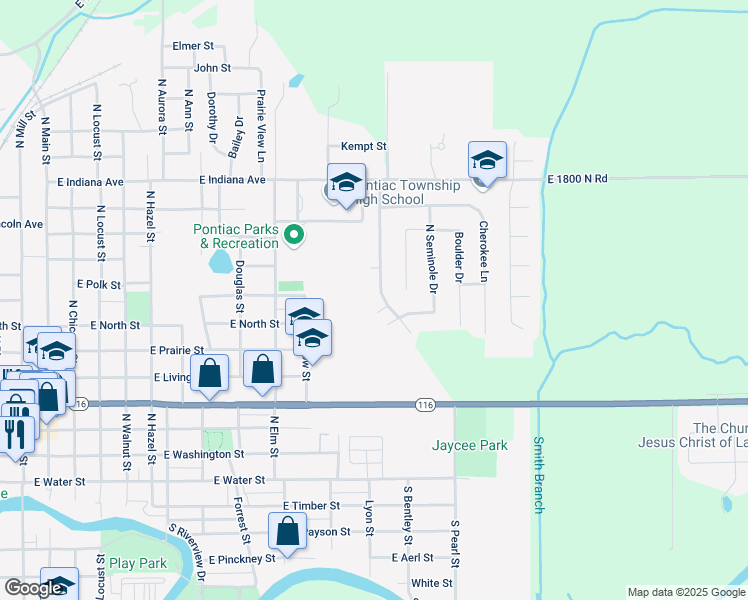 map of restaurants, bars, coffee shops, grocery stores, and more near 707 Illini Drive in Pontiac
