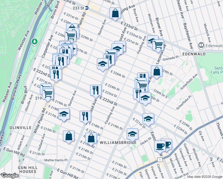 map of restaurants, bars, coffee shops, grocery stores, and more near 936 East 224th Street in The Bronx