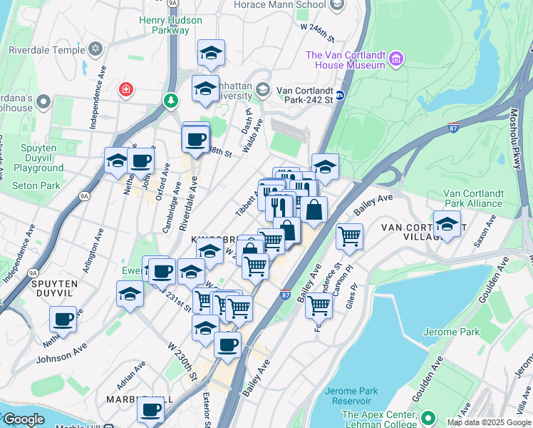 map of restaurants, bars, coffee shops, grocery stores, and more near in The Bronx