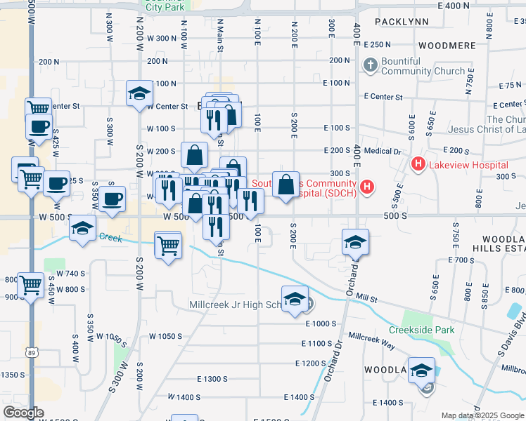 map of restaurants, bars, coffee shops, grocery stores, and more near 132 500 South in Bountiful