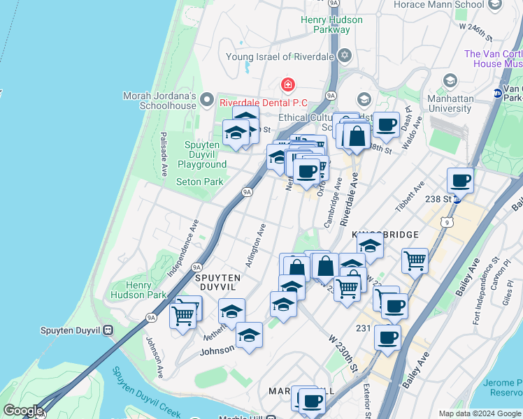 map of restaurants, bars, coffee shops, grocery stores, and more near 600 West 232nd Street in Bronx