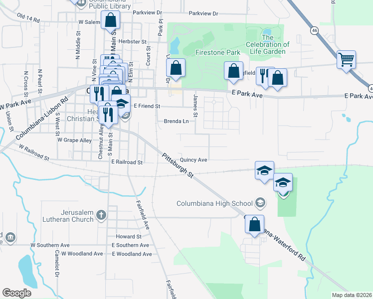 map of restaurants, bars, coffee shops, grocery stores, and more near 330 Quincy Avenue in Columbiana