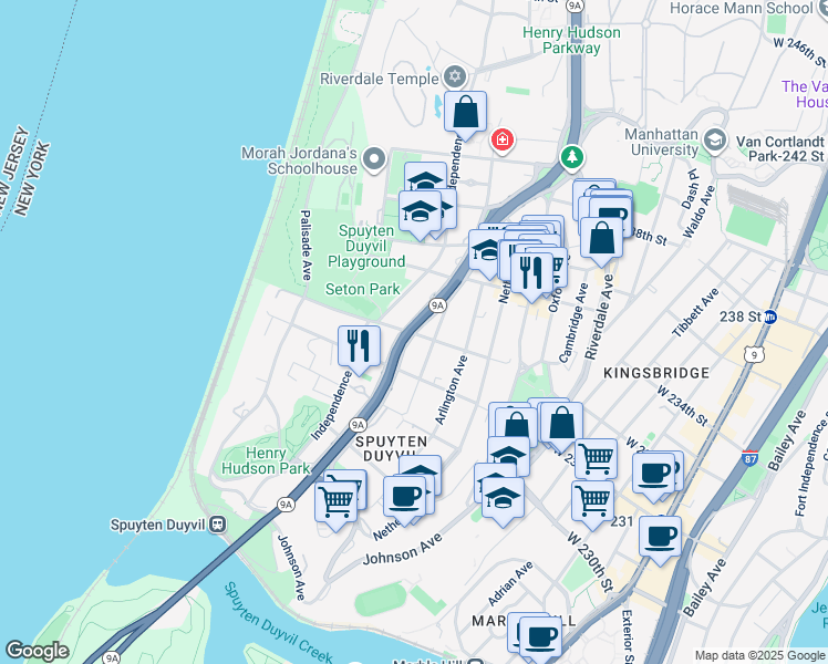 map of restaurants, bars, coffee shops, grocery stores, and more near Henry Hudson Parkway East & West 232nd Street in Bronx