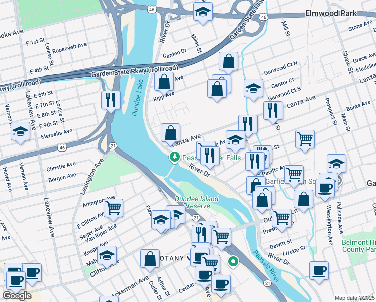 map of restaurants, bars, coffee shops, grocery stores, and more near 23 Division Avenue in Garfield