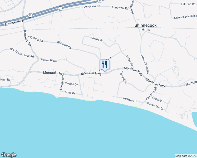 map of restaurants, bars, coffee shops, grocery stores, and more near 16 South Beach Road in Southampton