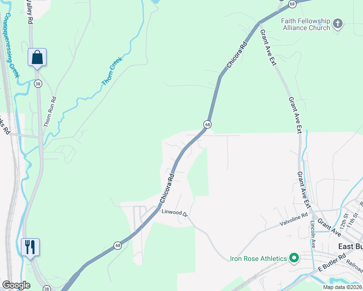 map of restaurants, bars, coffee shops, grocery stores, and more near 254 Chicora Road in Butler