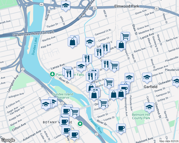 map of restaurants, bars, coffee shops, grocery stores, and more near 118 Jewell Street in Garfield