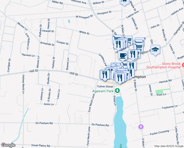 map of restaurants, bars, coffee shops, grocery stores, and more near 130 Hill Street in Southampton