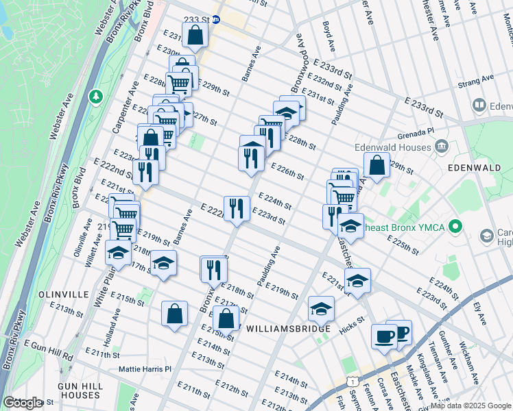 map of restaurants, bars, coffee shops, grocery stores, and more near 905 East 222nd Street in Bronx