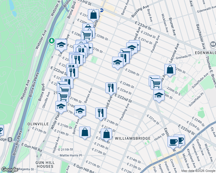 map of restaurants, bars, coffee shops, grocery stores, and more near 844 East 222nd Street in Bronx