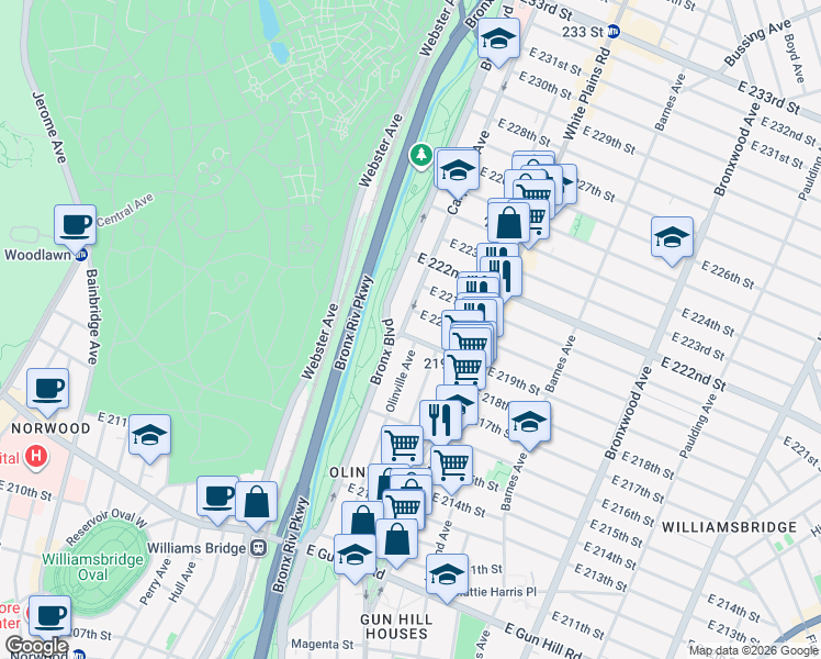 map of restaurants, bars, coffee shops, grocery stores, and more near 3764 Bronx Boulevard in The Bronx