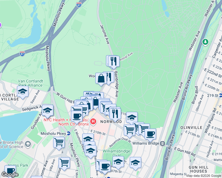 map of restaurants, bars, coffee shops, grocery stores, and more near 3594 Bainbridge Avenue in Bronx