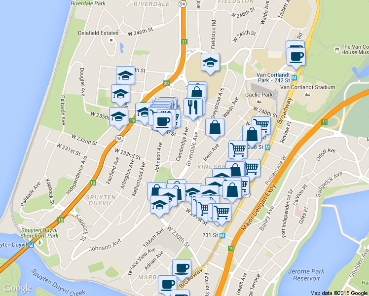 map of restaurants, bars, coffee shops, grocery stores, and more near 3251 Riverdale Avenue in Bronx