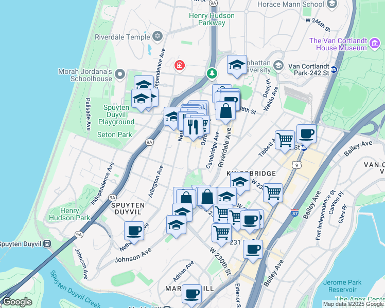 map of restaurants, bars, coffee shops, grocery stores, and more near 3206 Oxford Avenue in Bronx
