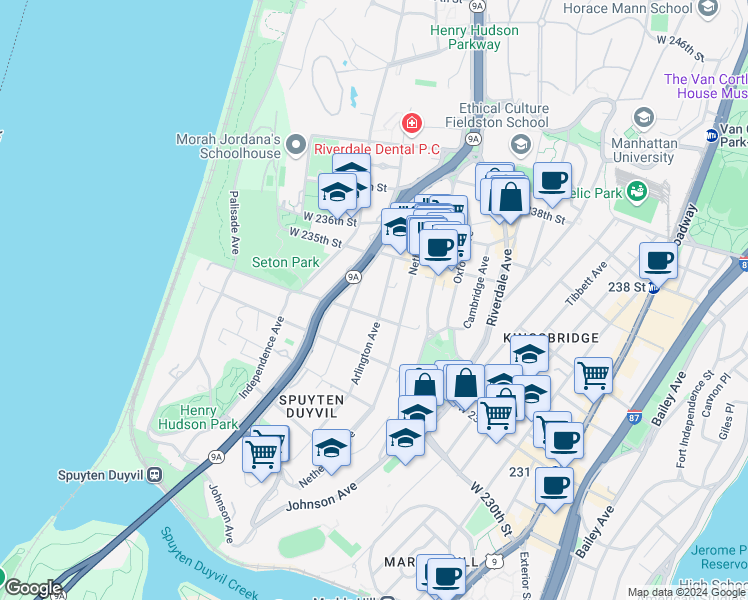 map of restaurants, bars, coffee shops, grocery stores, and more near 600 West 232nd Street in Bronx