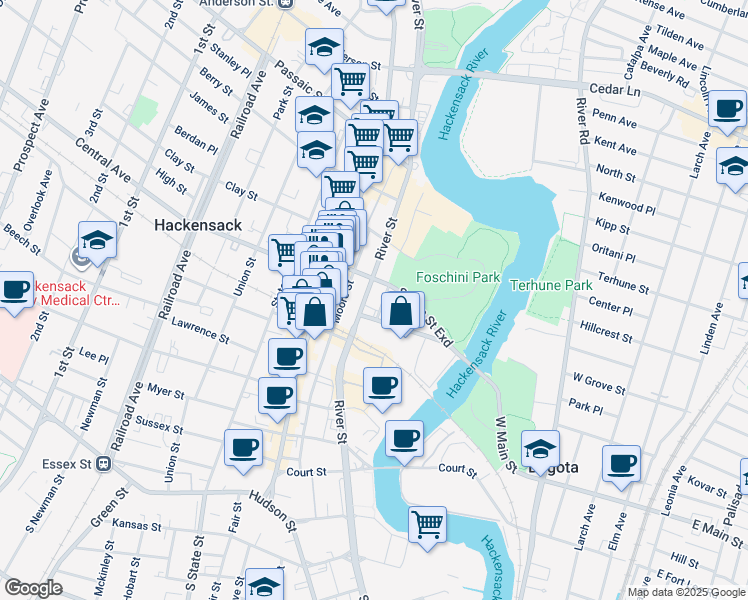 map of restaurants, bars, coffee shops, grocery stores, and more near 55 Midtown Bridge Street in Hackensack