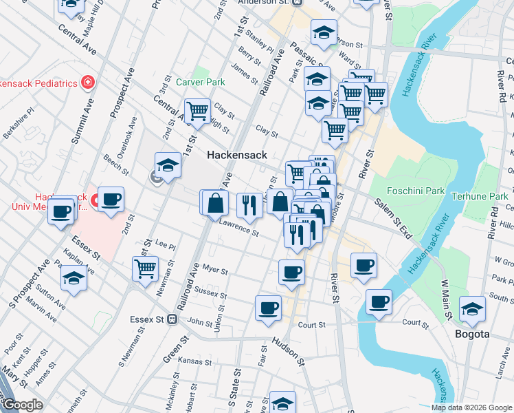 map of restaurants, bars, coffee shops, grocery stores, and more near 81 Trinity Place in Hackensack