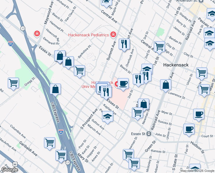 map of restaurants, bars, coffee shops, grocery stores, and more near 20 Prospect Avenue in Hackensack