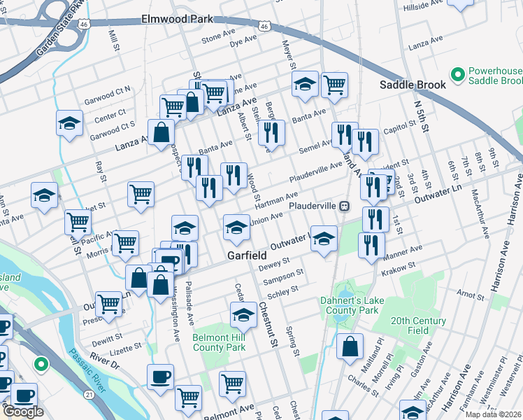 map of restaurants, bars, coffee shops, grocery stores, and more near 78 Union Avenue in Garfield