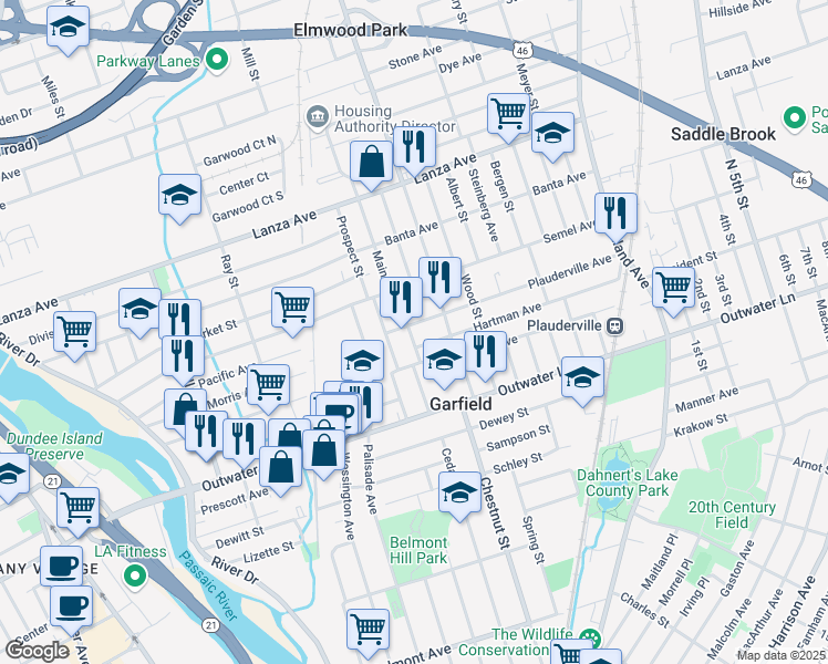 map of restaurants, bars, coffee shops, grocery stores, and more near 54 Main Street in Garfield