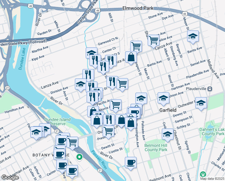 map of restaurants, bars, coffee shops, grocery stores, and more near 116 Ray Street in Garfield