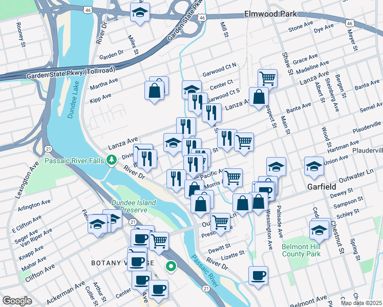 map of restaurants, bars, coffee shops, grocery stores, and more near 104 Jewell Street in Garfield