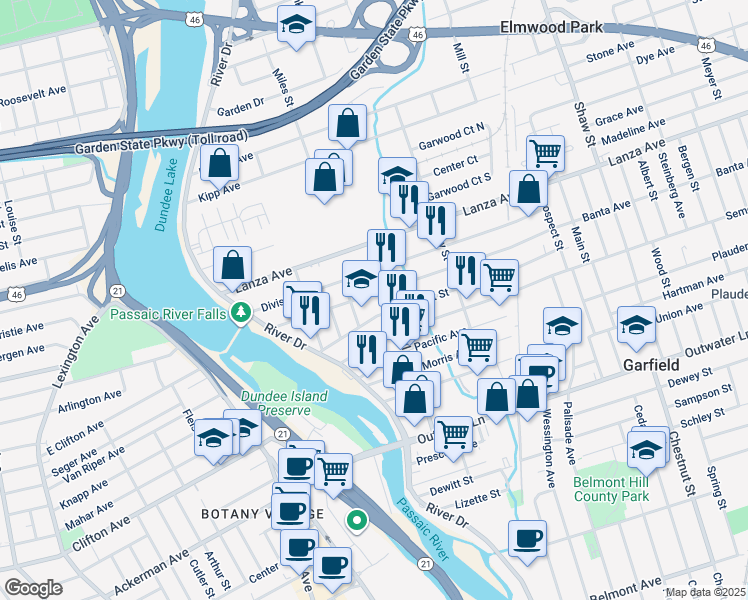 map of restaurants, bars, coffee shops, grocery stores, and more near 56 Market Street in Garfield