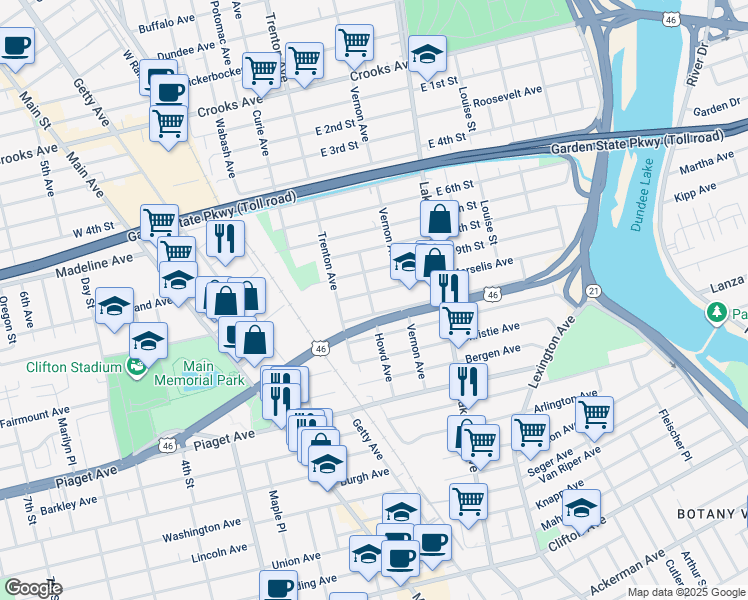 map of restaurants, bars, coffee shops, grocery stores, and more near 188 Trimble Avenue in Clifton