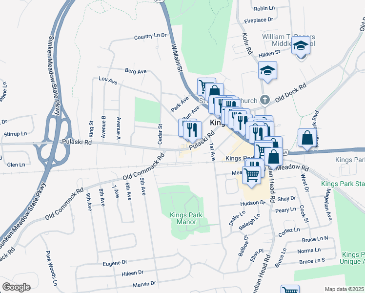 map of restaurants, bars, coffee shops, grocery stores, and more near 126 Pulaski Road in Kings Park