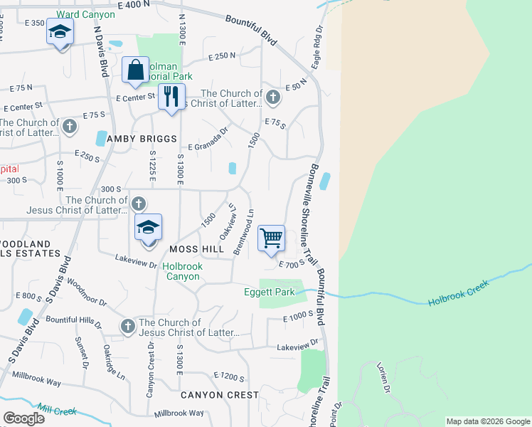 map of restaurants, bars, coffee shops, grocery stores, and more near 331 South 1550 East in Bountiful