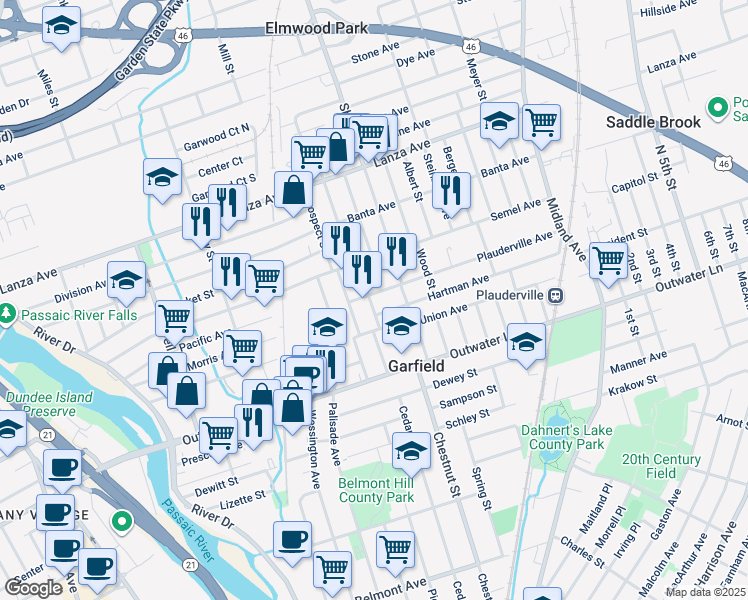map of restaurants, bars, coffee shops, grocery stores, and more near 54 Main Street in Garfield
