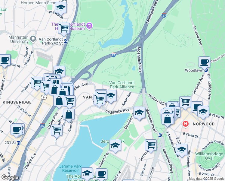 map of restaurants, bars, coffee shops, grocery stores, and more near 3985 Gouverneur Avenue in Bronx