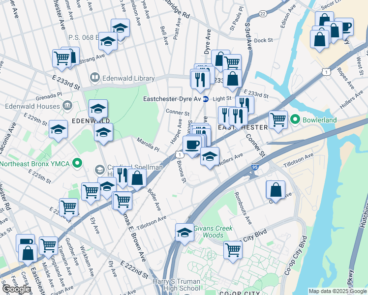 map of restaurants, bars, coffee shops, grocery stores, and more near 4004 Boston Road in The Bronx