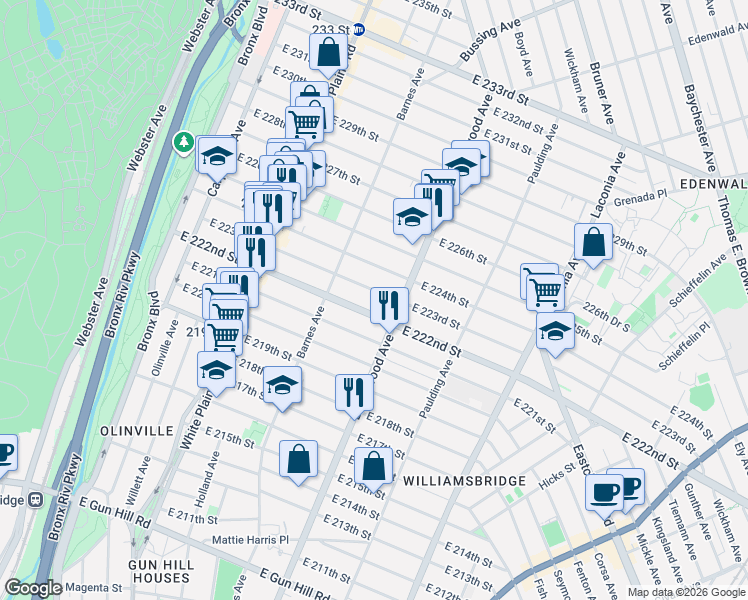 map of restaurants, bars, coffee shops, grocery stores, and more near 844 East 222nd Street in Bronx