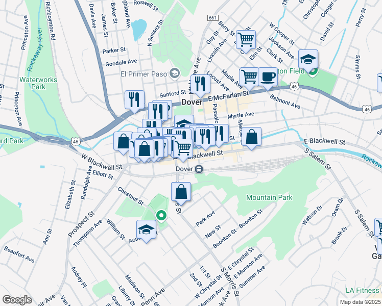 map of restaurants, bars, coffee shops, grocery stores, and more near 40 East Blackwell Street in Dover