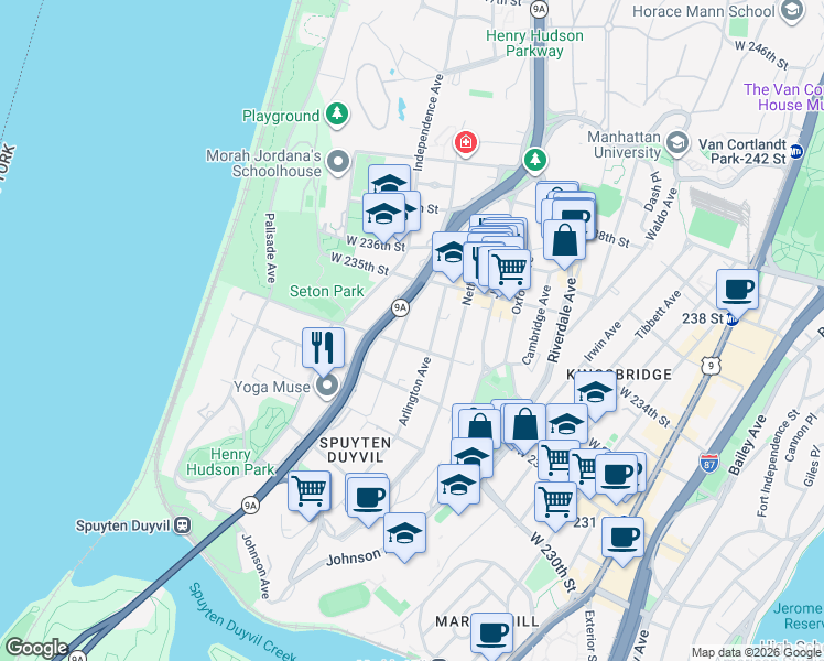 map of restaurants, bars, coffee shops, grocery stores, and more near 600 West 232nd Street in Bronx