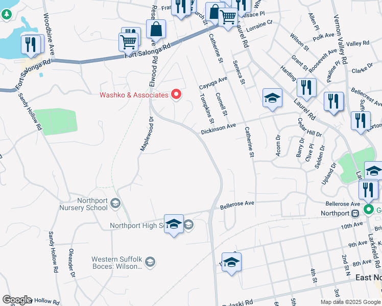 map of restaurants, bars, coffee shops, grocery stores, and more near 78 Elwood Road in Northport