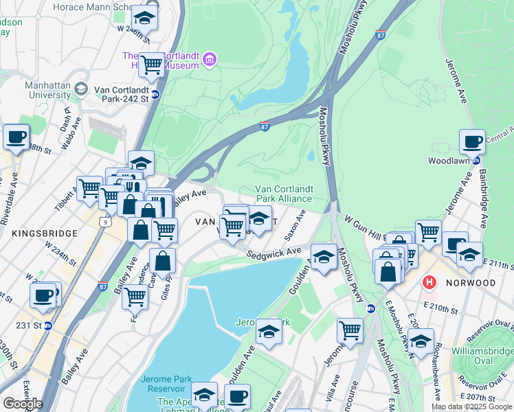 map of restaurants, bars, coffee shops, grocery stores, and more near 3985 Gouverneur Avenue in Bronx