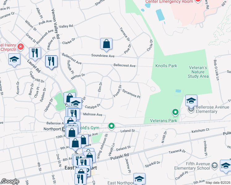 map of restaurants, bars, coffee shops, grocery stores, and more near 17 Spruce Drive in East Northport