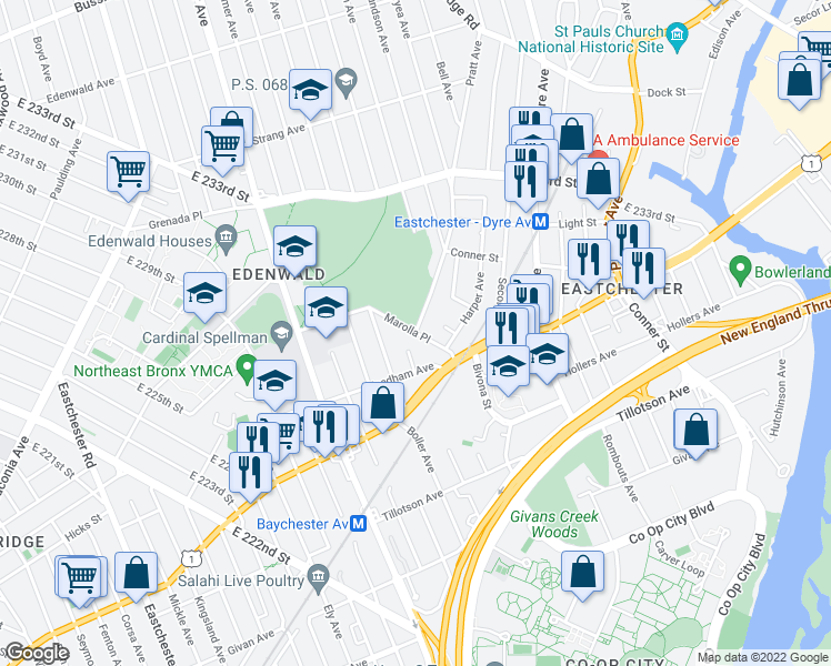 map of restaurants, bars, coffee shops, grocery stores, and more near Marolla Place in Bronx