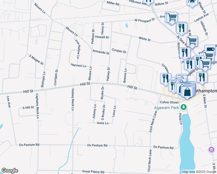 map of restaurants, bars, coffee shops, grocery stores, and more near 17 Adams Lane in Southampton