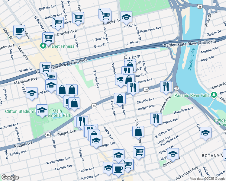 map of restaurants, bars, coffee shops, grocery stores, and more near 188 Trimble Avenue in Clifton