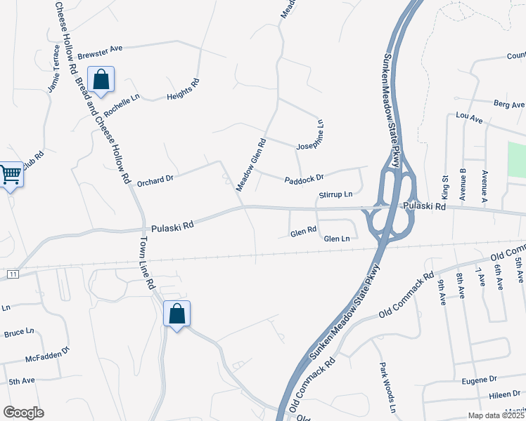 map of restaurants, bars, coffee shops, grocery stores, and more near 470 Pulaski Road in Kings Park