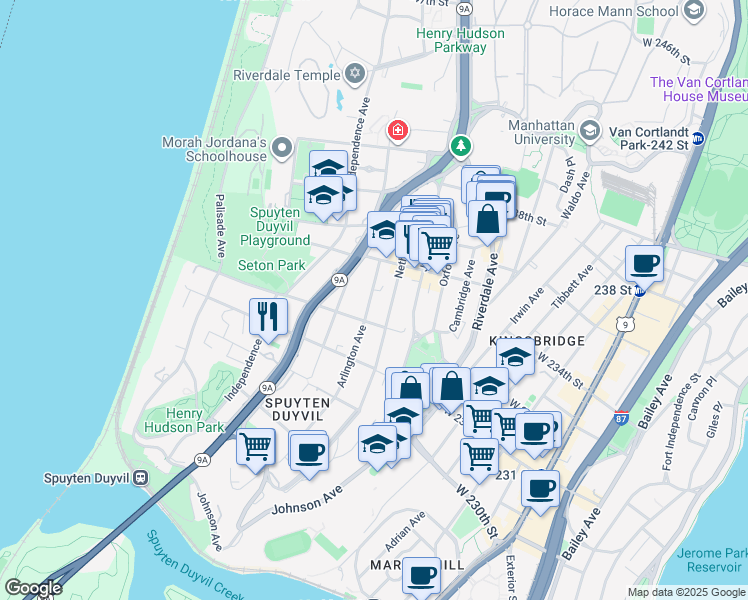 map of restaurants, bars, coffee shops, grocery stores, and more near 600 West 232nd Street in Bronx