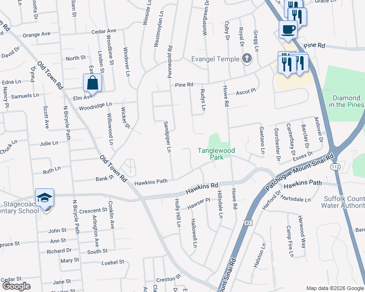 map of restaurants, bars, coffee shops, grocery stores, and more near 10 White Oak Court in Coram