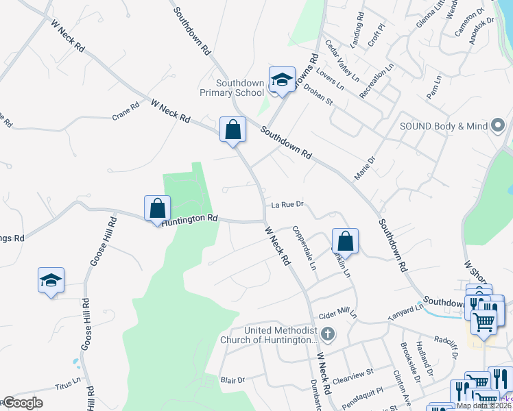 map of restaurants, bars, coffee shops, grocery stores, and more near 9 Huntington Road in Huntington